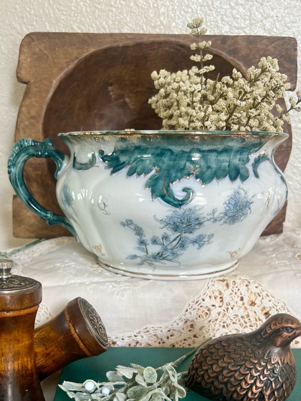 Vintage White and Teal Decorative Ceramic Chamber Pot